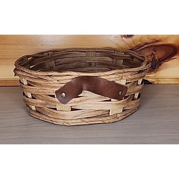 Vintage Pyrex Casserole Dish Holder Wicker Round Basket Leather Handles - Picture 1 of 9